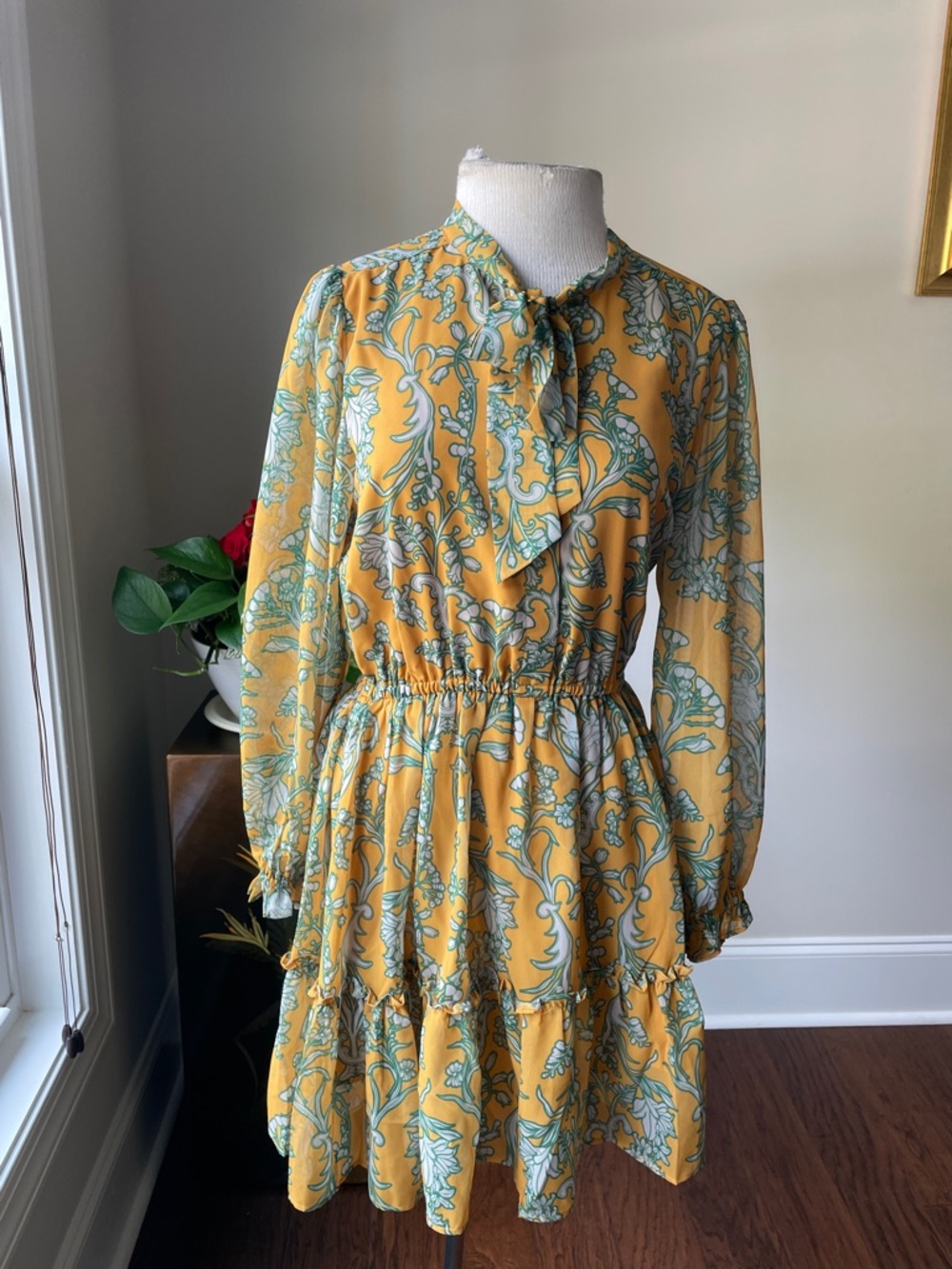 Hermoza Mustard Yellow Floral Long-Sleeve Tie-Neck Tiered Dress